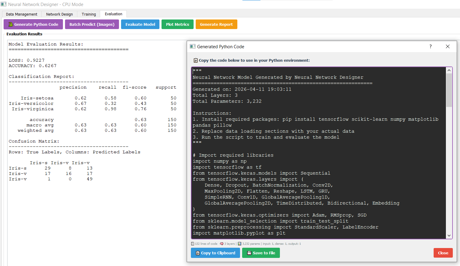 Python code generation panel